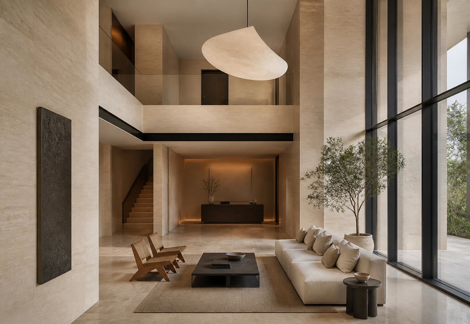 ALLURE hotel lobby in warm stone, oak and beige tones